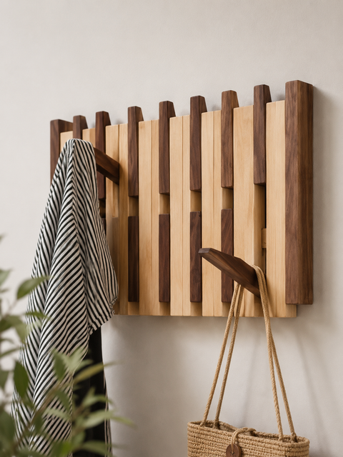 Wall Foldable Wooden Rack, Piano Walnut Rack with Flip Down Hooks