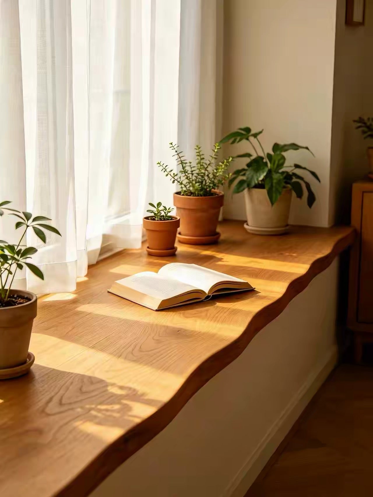 Walnut Live Edge Window Sill Shelf: Adhesive Rustic Plant Display for Home Decor