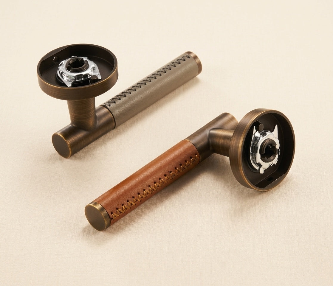 Solid Brass Cowhide Leather Door Lever