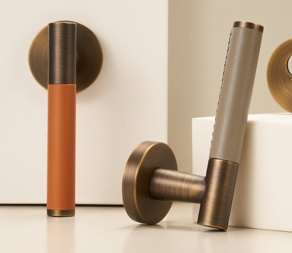Solid Brass Cowhide Leather Door Lever