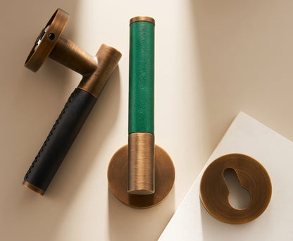 Solid Brass Cowhide Leather Door Lever