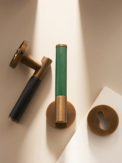 Solid Brass Cowhide Leather Door Lever