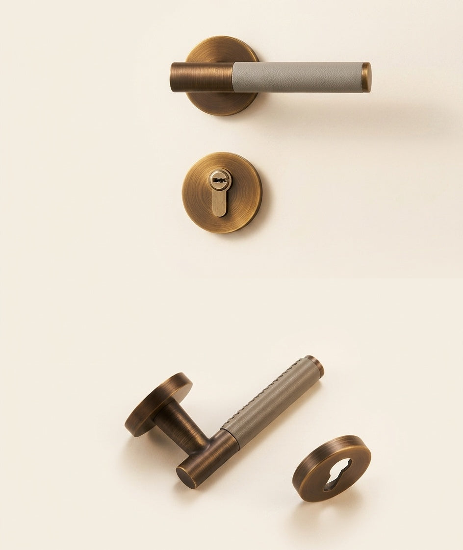 Solid Brass Cowhide Leather Door Lever