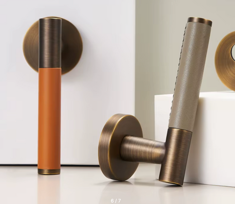 Leather Solid Brass Door Handle, Entry Door Handle
