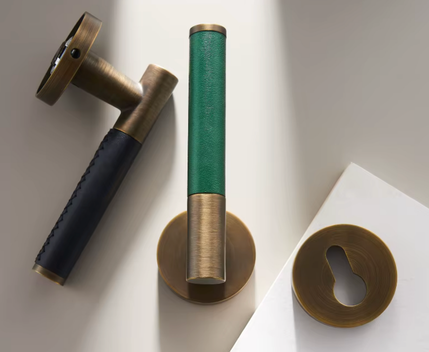 Leather Solid Brass Door Handle, Entry Door Handle