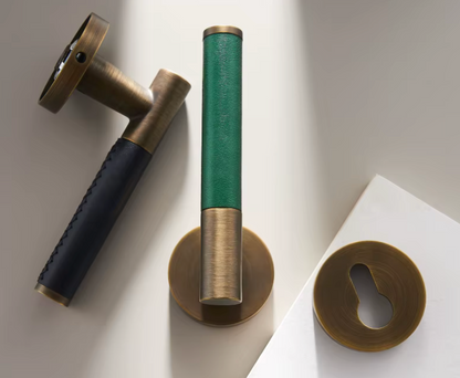 Leather Solid Brass Door Handle, Entry Door Handle