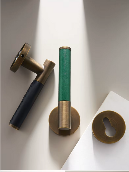 Leather Solid Brass Door Handle, Entry Door Handle