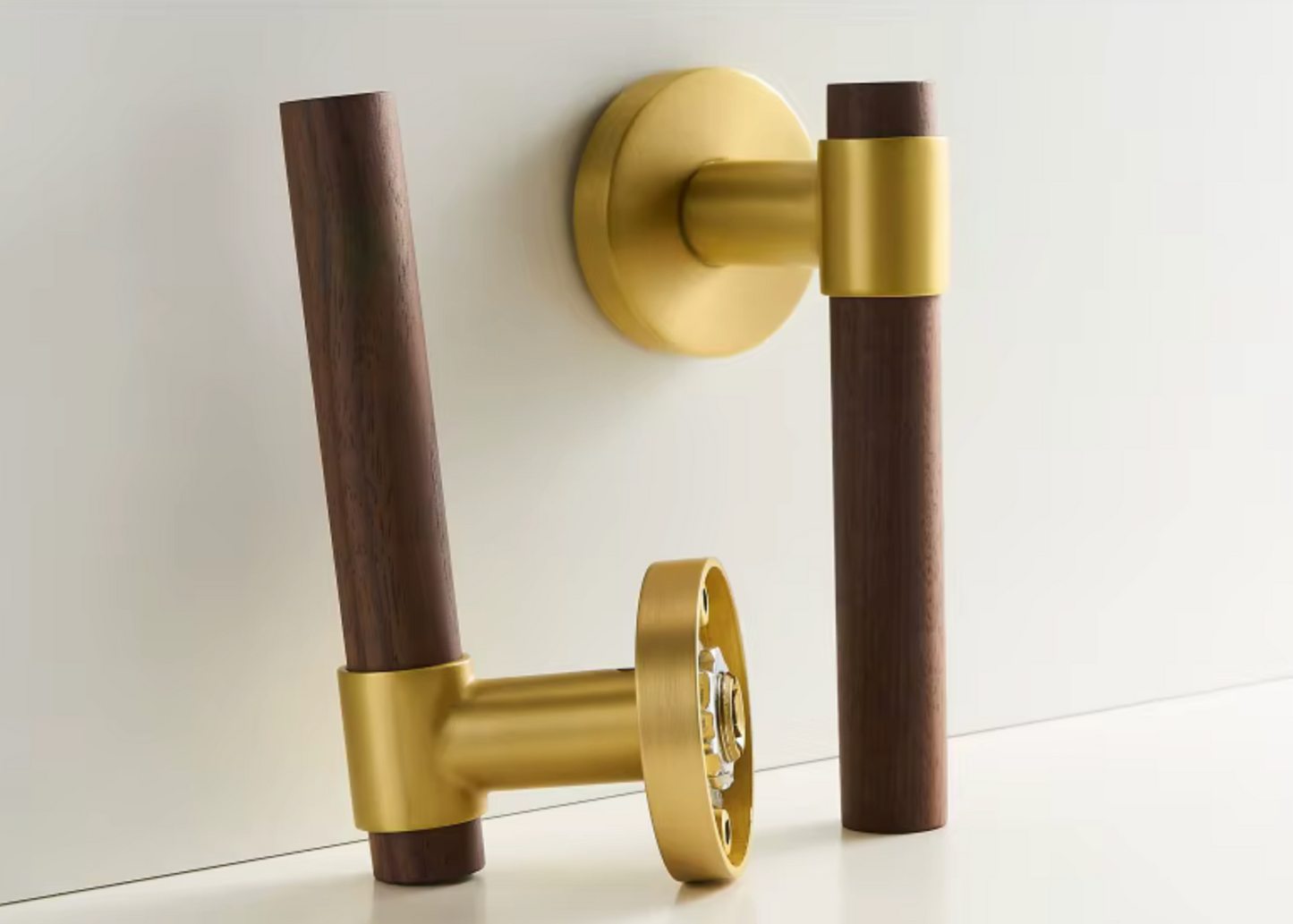 Natural Walnut Door Lever, Brass Wooden Door Handle