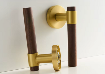 Natural Walnut Door Lever, Brass Wooden Door Handle