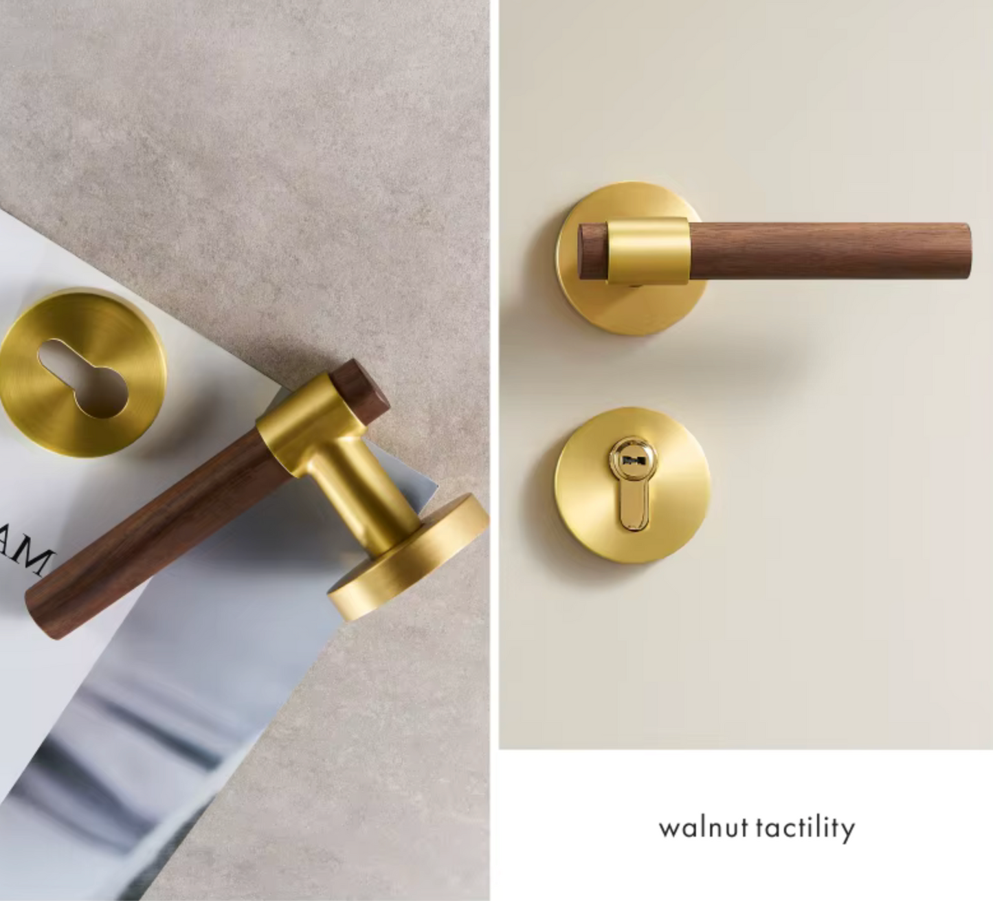 Natural Walnut Door Lever, Brass Wooden Door Handle