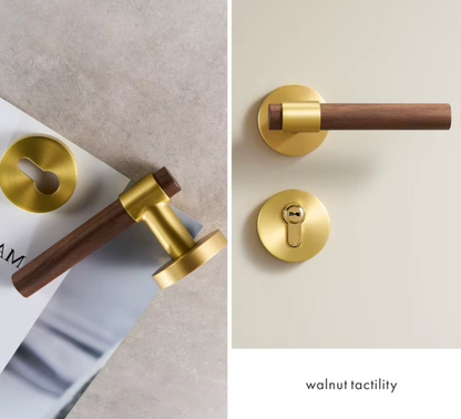 Natural Walnut Door Lever, Brass Wooden Door Handle