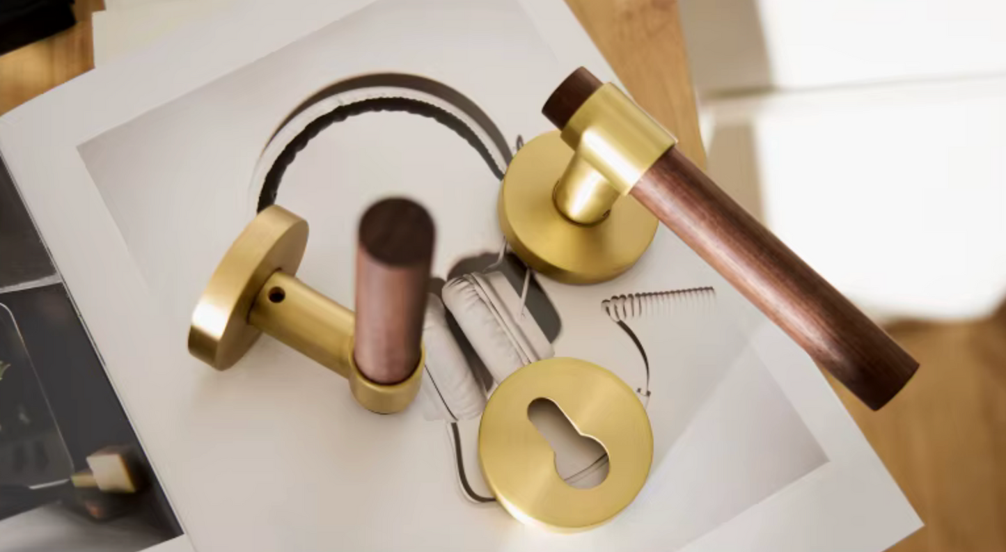 Natural Walnut Door Lever, Brass Wooden Door Handle
