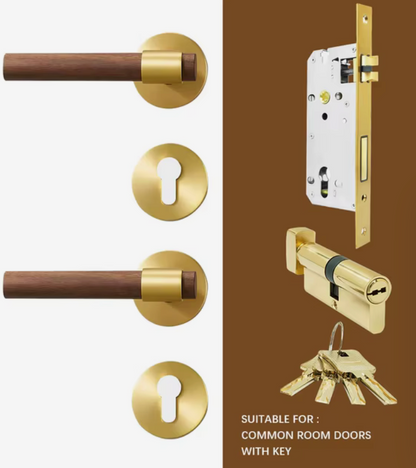 Natural Walnut Door Lever, Brass Wooden Door Handle