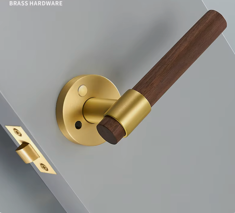 Natural Walnut Door Lever, Brass Wooden Door Handle