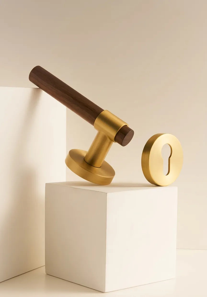 Walnut & Antique Brass Door Lever Set